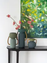 フラワーベース 花瓶 ヴィンテージ風 セラミック グリーン アート おしゃれ リビング ダイニング テーブル インテリア 「Dnnni」