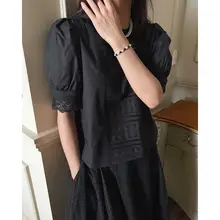 韓国風レース入りフラワー刺繍パフスリーブシャツ【ヴィンテージ・ハイウエスト・プリーツスカート】（セットアップ対応）