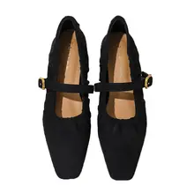 法式デザインのひだ付きマリージェーンフラットシューズ【粗めのヒール・浅めの口】（セットアップ対応）