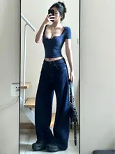 アメリカンビンテージ風 ダークブルー ストレートデニムパンツ【レディース・秋冬・ワイドレッグ】