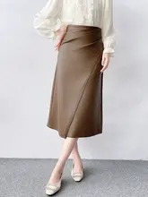高腰デザインのストレートタイトスカート【レディース・春秋用・合成皮革・ハイウエスト・蓄膨らみタッグ付き】