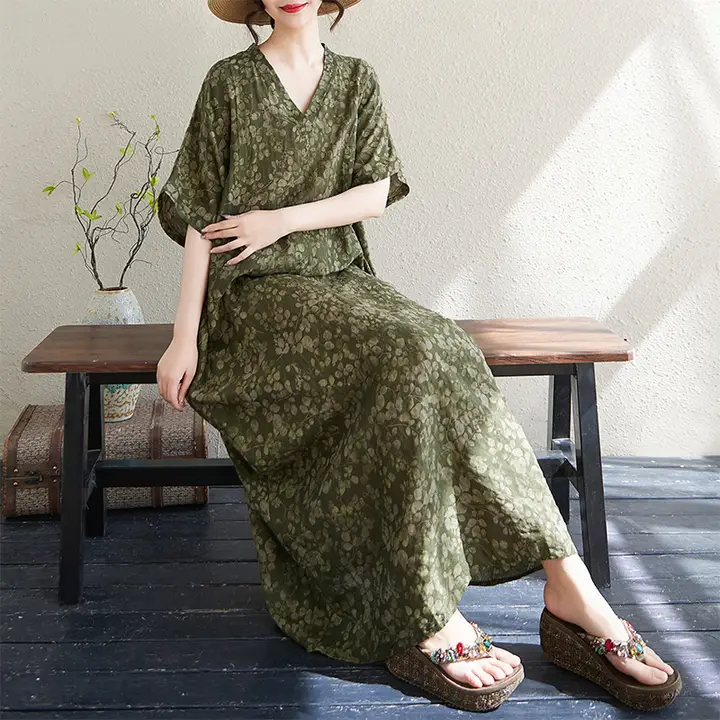 大きいサイズ 夏用 Vネック 薄手コットン麻 ロングトレンドビーチドレス【ルーズフィット・レトロデザイン】