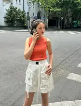 高腰工装ポケットショートパンツ【カジュアル・フレンチスタイル・女性用】（セットアップ対応）