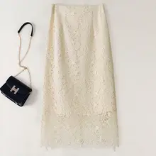 透かしレースのハイウエストタイトスカート【フレンチスタイル・ミディ丈・スリット入り】（セットアップ対応）