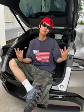 半袖Tシャツ ユニセックス アメリカン風 フラッグワッペン ルーズ カジュアル 着回し インナー 夏「EAHO」