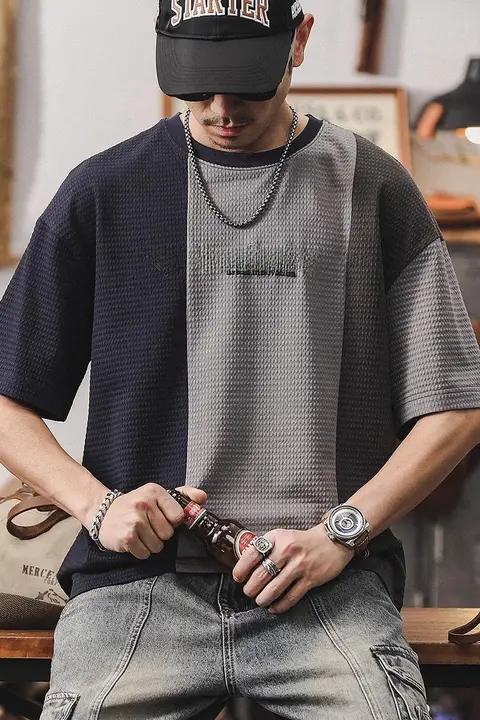 クールなデザイン！アメリカンワッフル生地の半袖Tシャツ【カラーブロック・ゆったりフィット】