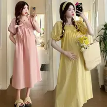 夏用パフスリーブのゆったりしたマタニティワン  ピース【フレンチスタイル・セミロング・スクエアネック】（セットアップ対応）