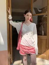 夏用 薄ピンクの銅氨絲スカート【フラワーデザイン・重ね着スタイル】