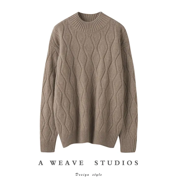 ファッショナブルなケーブル編みデザインのハイネックカシミアセーター【厚手・ルーズフィット・四色展開】