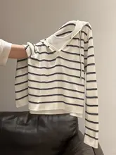 ストライプカラーコンビネーション長袖フード付きニットトップス【春秋用・フィット・体型カバー】（セットアップ対応）