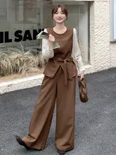 カフェ色のヴィンテージ感ある女性用トップスとワイドパンツ【  トレンド・秋物・おしゃれ・仮二重】（セットアップ対応）