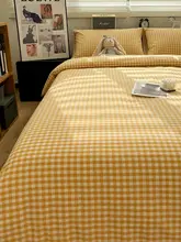 水洗コットンの小さな黄色チェック柄ベッドリネン【フルコットン・学生寮向け・寝具】（セットアップ対応）