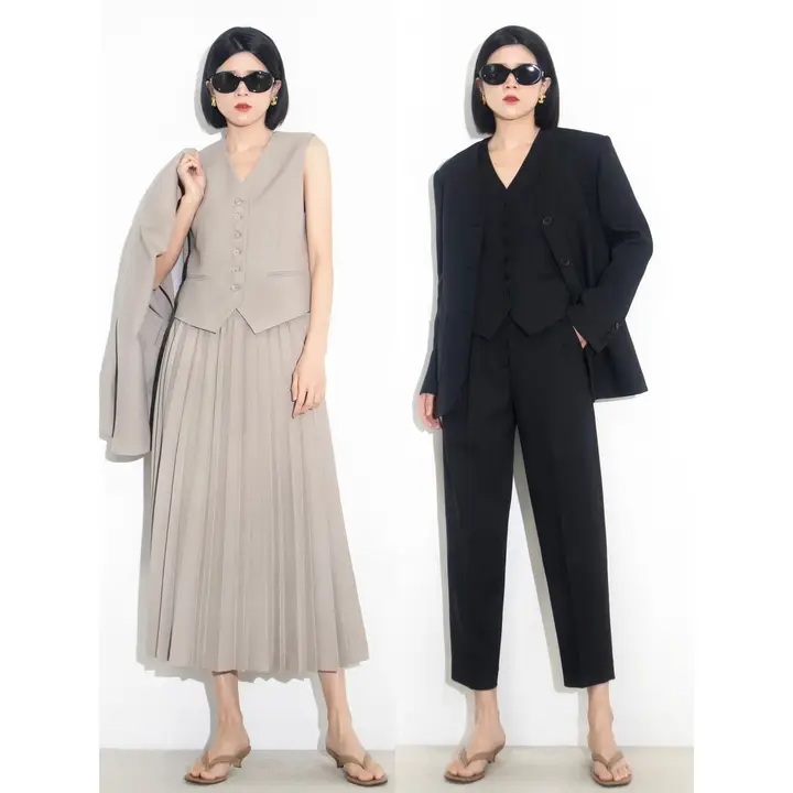 立体肌理感ベスト・タイトパンツ・プリーツスカート・ビジネススーツ【秋用・女性用】（セットアップ対応）