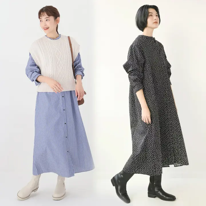 学院風ストライプシャツワンピース【ブルー＆ホワイト・春秋用・カジュアル】（セットアップ対応）