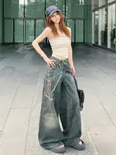 立体デザインのカラフルチェーン広がりデニムパンツ【印刷デザイン・カジュアル・小柄女性向け】