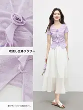 立体花デザインのVネックレースブラウス【夏用・短袖・紫色】