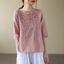 フランス風レトロコットンリネン短袖Tシャツ【重工刺繍・大きいサイズ・夏用】