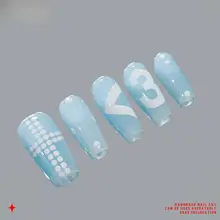 美しいデザインのクリアガラス風ネイルチップ【高品質・手作り・ブルー＆ホワイト】