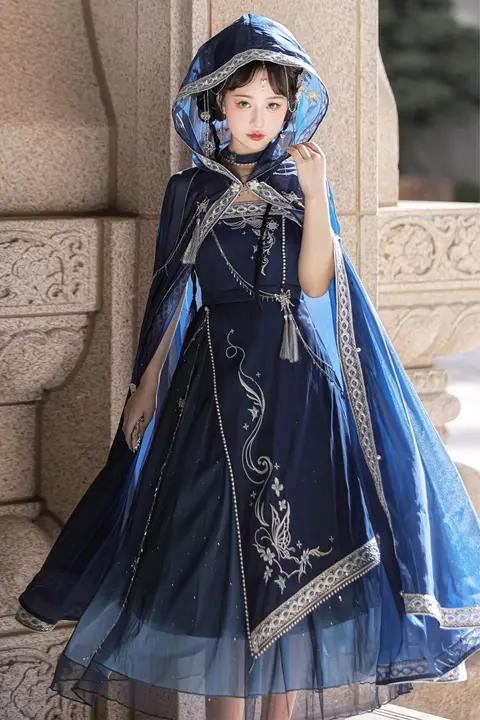 中国風ロリータ刺繍ケープ付きワンピース【夢幻的なデザイン・エレガント・フルフレア】（セットアップ対応）