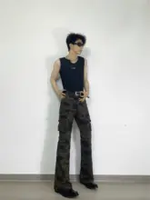 美式復古迷彩デザインの工装パンツ【細身・レッグライン強調・男女共用・マーメイドデザイン】（セットアップ対応）