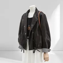 チェック柄切替のレディースPUレザージャケット【春秋用・ゆったりしたシルエット・スリム効果】