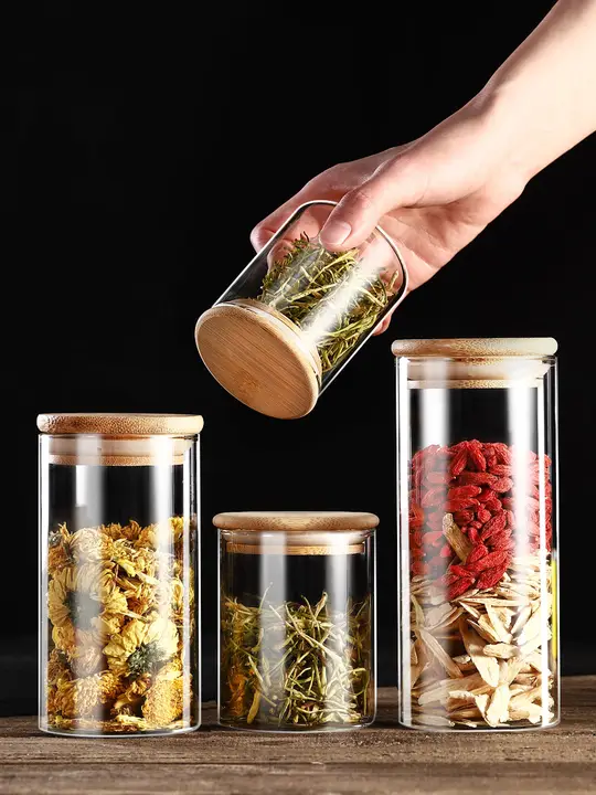 ガラス製密封容器【食品グレード・ふた付き・お茶・ナッツ・乾燥柑橘類・穀物用保存瓶】