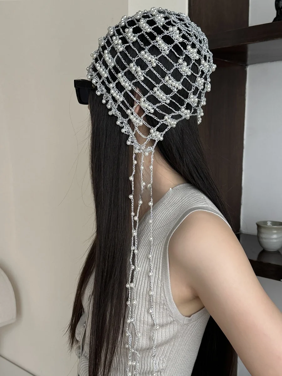 メタルビーズ編みの透かしデザイン帽子：夏用軽量通気性を実現する女性向け包頭帽
