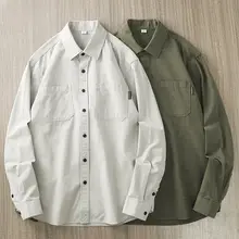 DUKEEN メンズロングスリーブコットンシャツ【春夏用・ポケット付き・ルーズフィット・レトロデザイン】