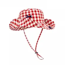 赤いチェック柄のリボン付きの女性用フィッシャーハット【夏用・UVカット・アメリカンヴィンテージ】