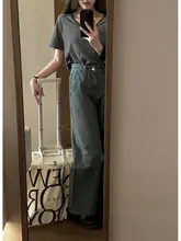 デニムパンツ ユニセックス ヴィンテージウォッシュ ストレート ハイウエスト ルーズ ブルー 「Lookiva」