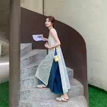 レースタンクトップワンピースとデニムワイドパンツ【女性用・夏・エレガントなデザイン】（セットアップ対応）