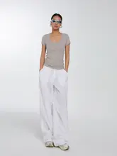 DiscoGlam スーピマコットン製 レディース Uネック ホワイト 半袖 Tシャツ【フィット感・ノースリーブ】