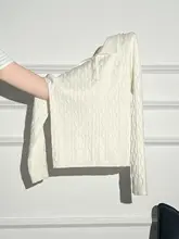 ニット トップス レディース 長袖 ポロカラー 蝶結び 刺繍 白 スリム 秋