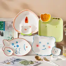 可愛いカートゥーンデザインの陶器製子供用分割皿【醤油皿付き・家庭用】