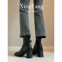 牛革製 ヴィンテージ風 ハイヒール ショートブーツ【スクエアトゥ・太ヒール・厚底】