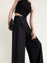 デザイン性の高い ストレートワイドパンツ【斜めボタン・プリーツデザイン】
