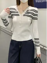 ストライプ柄 薄手ニットポロシャツ【レディース・長袖・スリムフィット】（セットアップ対応）