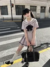 かわいい小熊猫プリントの水手服トップスとプリーツスカート【紫・収腰デザイン・フレンチスタイル】（セットアップ対応）