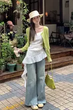 ショートカーデ レディース 長袖 グリーン 縦ストライプ リブ編み 韓流 着回し 春