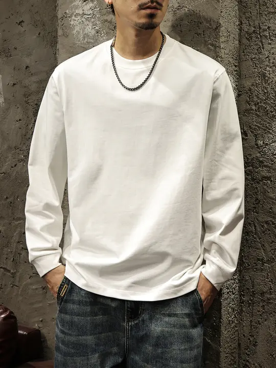 秋冬用 メンズ長袖Tシャツ【コットン100%・白・ラウンドネック・極上の柔らかさ】