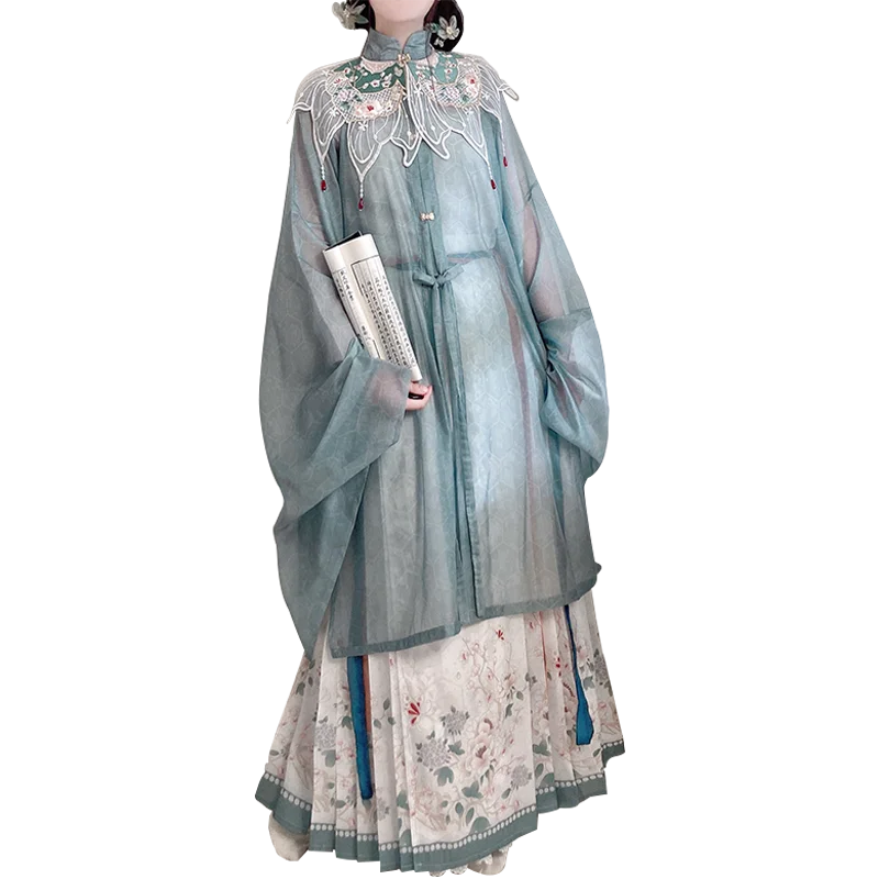オリジナル漢服 明制立衿対襟長シャツ・馬面スカート【刺繍入り・春秋用】