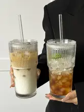 大容量カバー付きストロー付きガラスカップ【縦ストライプ・冷飲用・果汁・コーヒー】