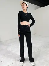 高腰ストレートデニムパンツ【ブラック・ロングレッグ・スリムフィット・春秋用】