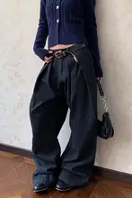 美式レトロ風3タックストライプカジュアルパンツ【Aライン・黒・ワイドレッグ】（セットアップ対応）
