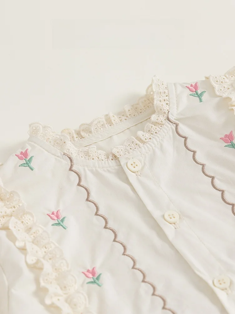 春季フレンチスタイルの子供用花柄刺繍シャツ＆パンツ（セットアップ対応）：20度服装の子供向け通気性と保温性のバランスを実証