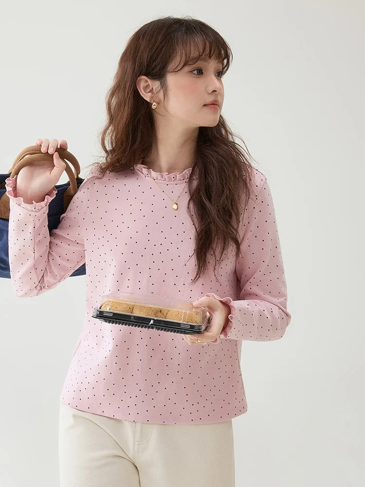 ドットレース長袖ピンクTシャツ【甘美なデザイン・ゆったりシルエット】