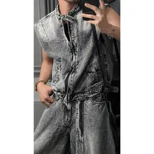 セットアップ レディース デニム ノースリーブベスト ワイドパンツ ヴィンテージ ルーズ 着回し 夏