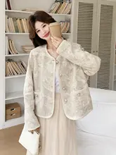 刺繍入り短丈ジャケット【コットンリネン・丸首・秋用・ゆったりデザイン・女性用】