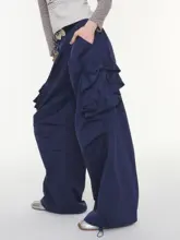 ハイウエストストレートワイドパンツ【ディープブルー・リボン付き・カジュアル】