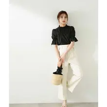 春夏用通勤スタイルのハイセンスなベルト付きフラワーバッグパンツ【ワイドレッグ・九分丈・  女性用】